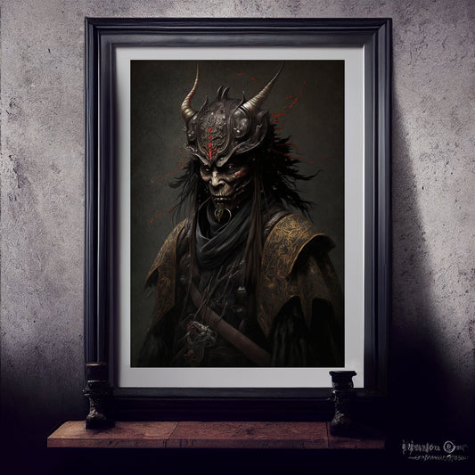Samurai Art Print, Demonic Samurai Art Print Poster In Renaissance Style, Lovecraft Inspired. Demon Samurai Poster, Gothic, Occult painting