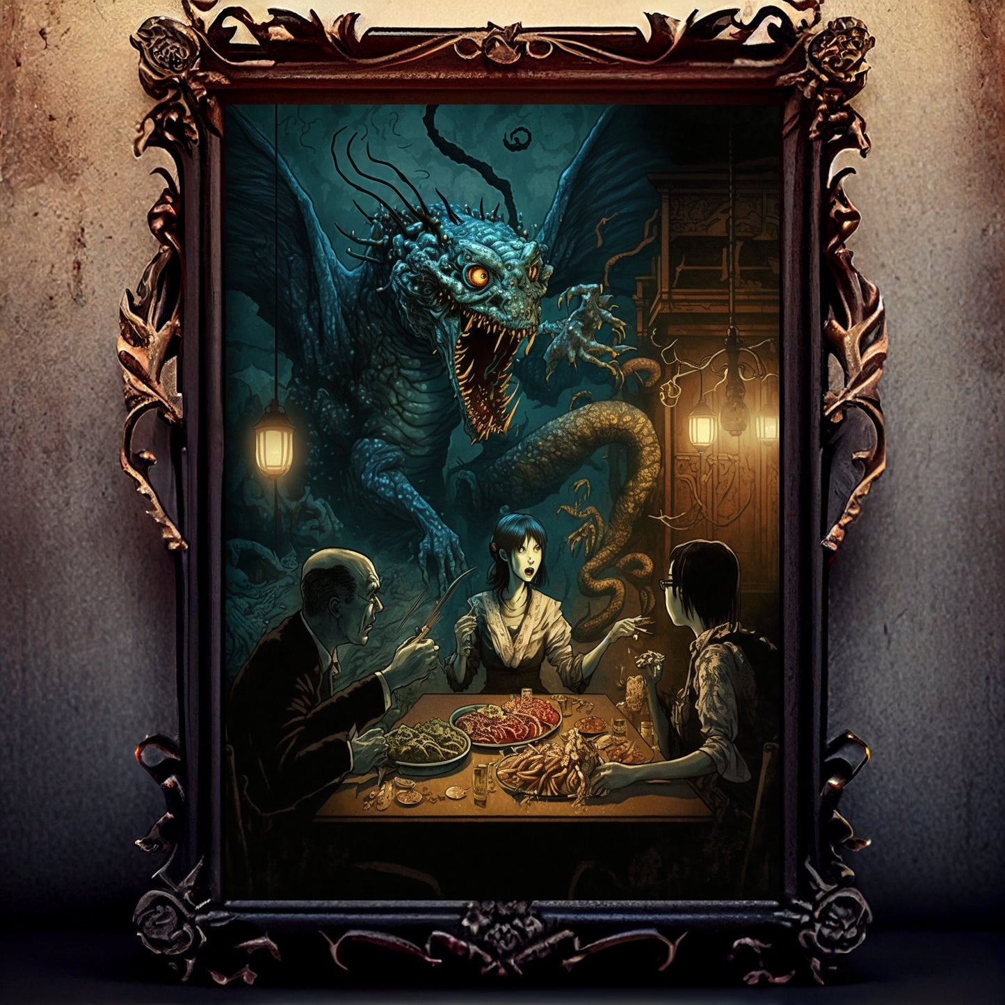 Sea Creature Art Print, Banquet From Hell Sea Creature Print Poster Renaissance, Lovecraft Inspired. Demon Poster, Gothic, Occult Painting