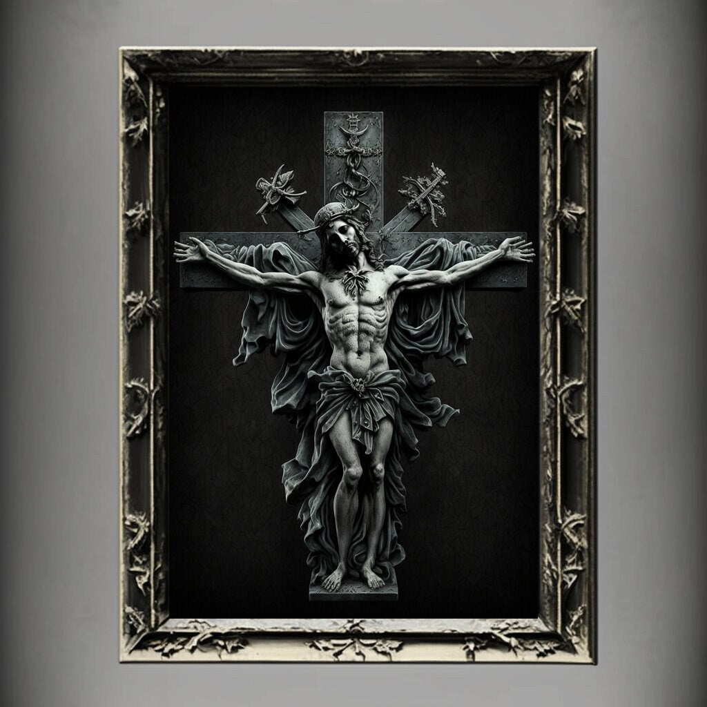 Crucifixion Art Print, Jesus Christ Crucifixion Print Poster Renaissance, Lovecraft Inspired. Demon Poster, Gothic Artwork, Occult Painting
