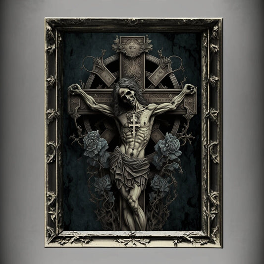Crucifixion Art Print Gothic Home Décor Artwork Occult Painting Jesus Christ Crucifixion Print Poster Demon Poster Vintage Wall Art