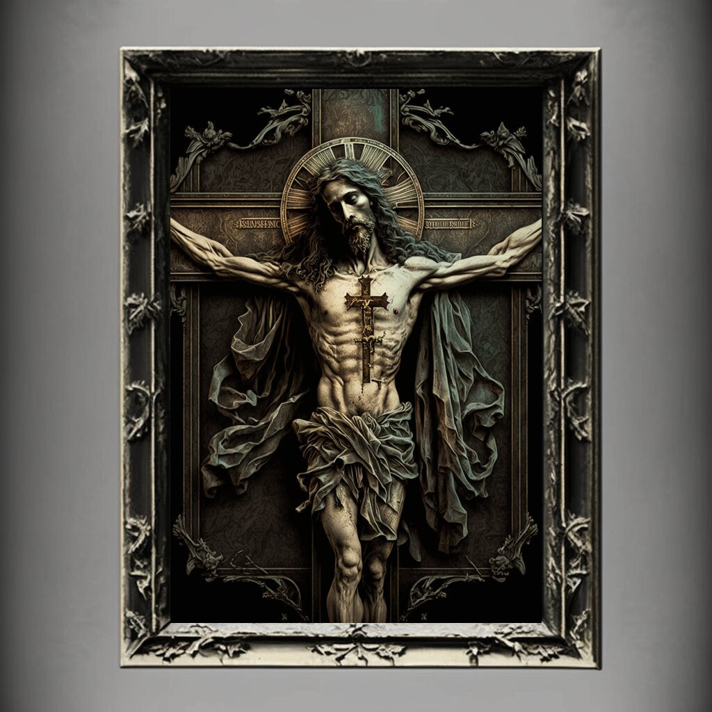 Crucifixion Art Print, Jesus Christ Crucifixion Print Poster Renaissance, Lovecraft Inspired. Demon Poster, Gothic Artwork, Occult Painting