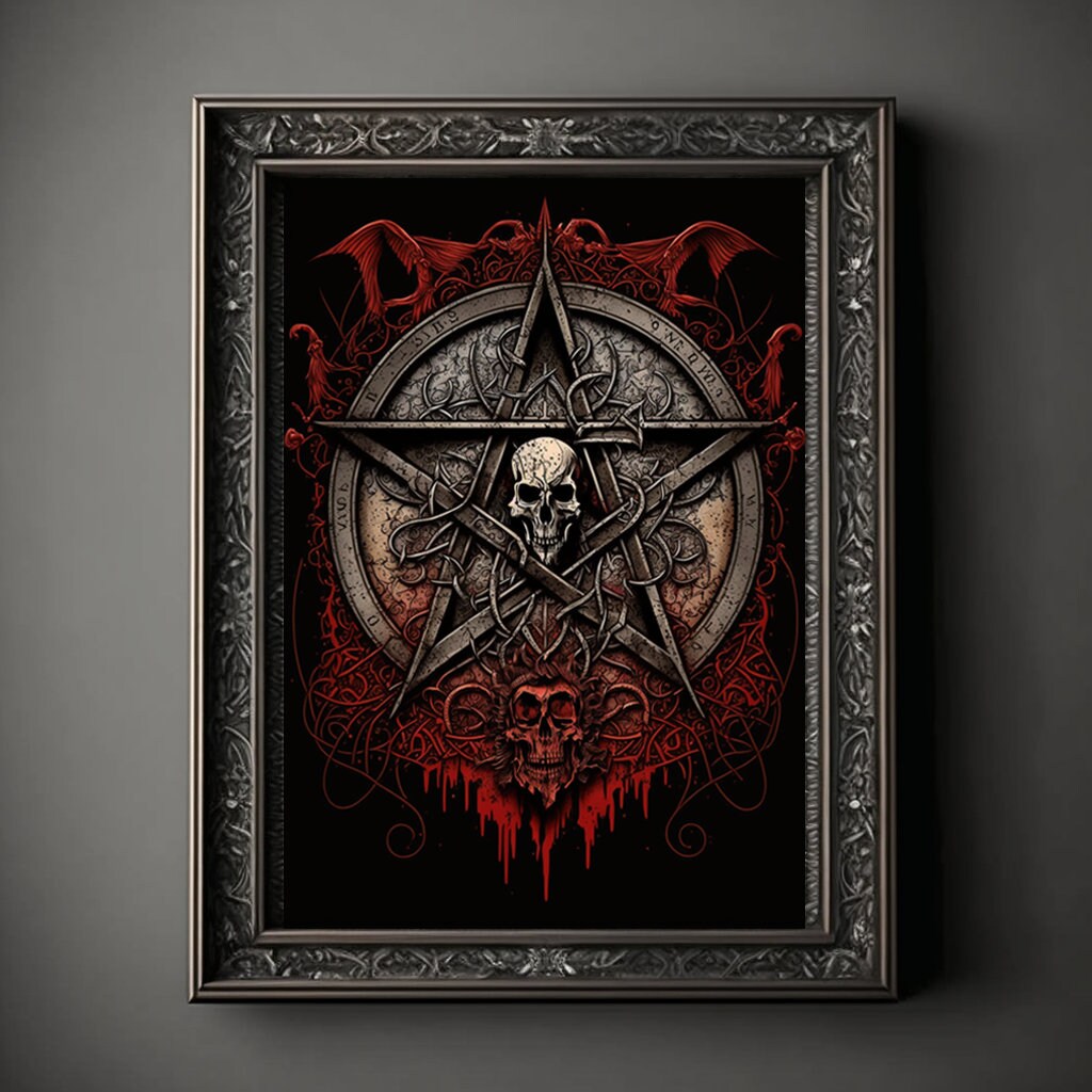 Pentagram Art Print, Demonic Pentagram Art Print Poster Renaissance, Lovecraft, Medieval. Demon Pentagram Poster, Gothic, Occult painting