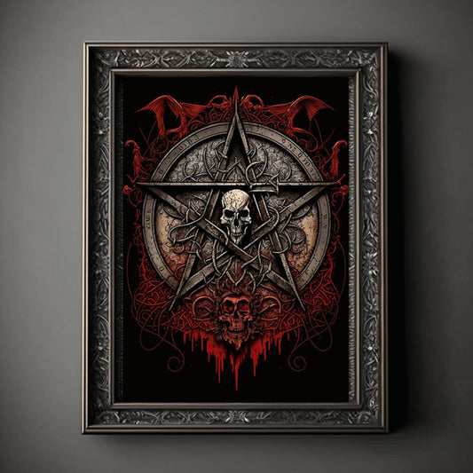 Pentagram Art Print, Demonic Pentagram Art Print Poster Renaissance, Lovecraft, Medieval. Demon Pentagram Poster, Gothic, Occult painting