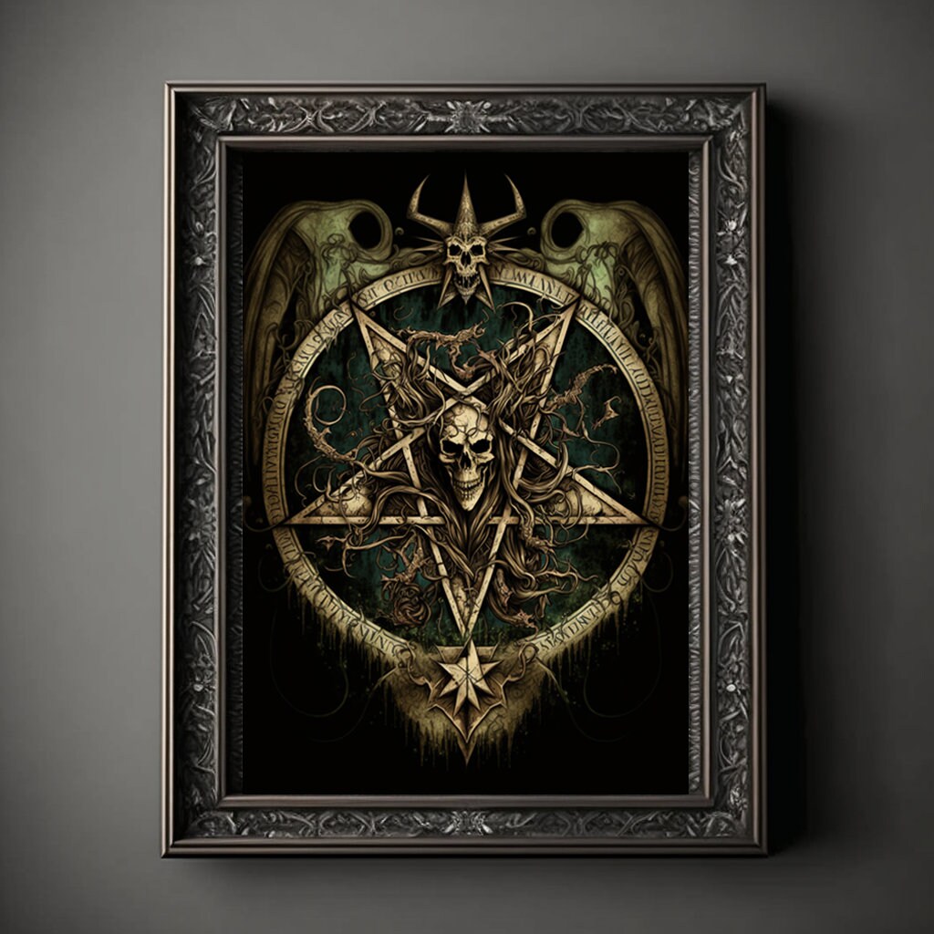 Pentagram Art Print, Demonic Pentagram Art Print Poster Renaissance, Lovecraft, Medieval. Demon Pentagram Poster, Gothic, Occult painting