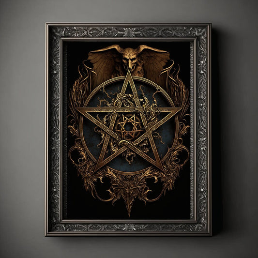 Pentagram Art Print, Demonic Pentagram Art Print Poster Renaissance, Lovecraft, Medieval. Demon Pentagram Poster, Gothic, Occult painting