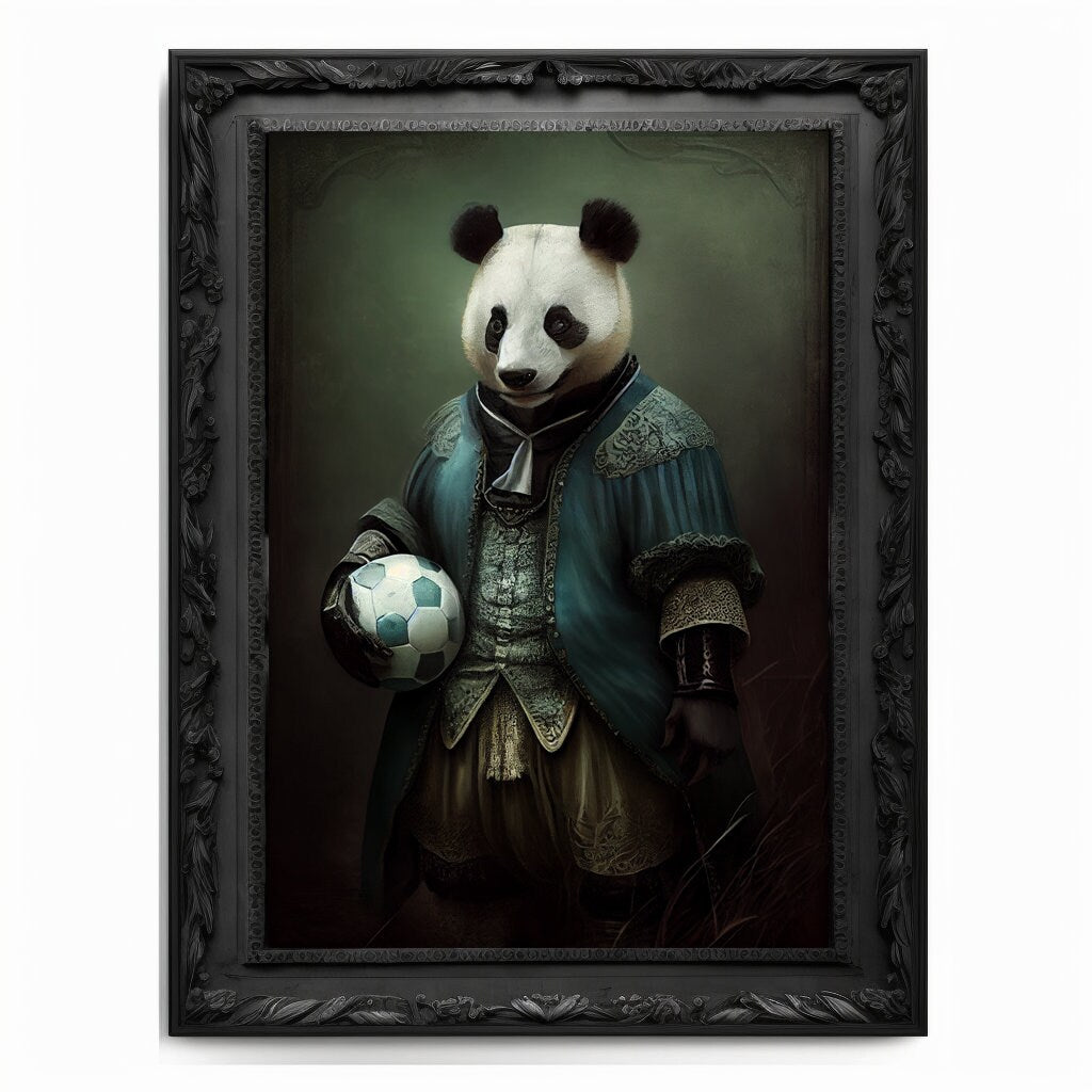 Soccer Panda Wall Art Print, Football Lover Vintage Regal Art Poster Renaissance. Victorian Football Panda Portrait, Royal Painting Pet Gift