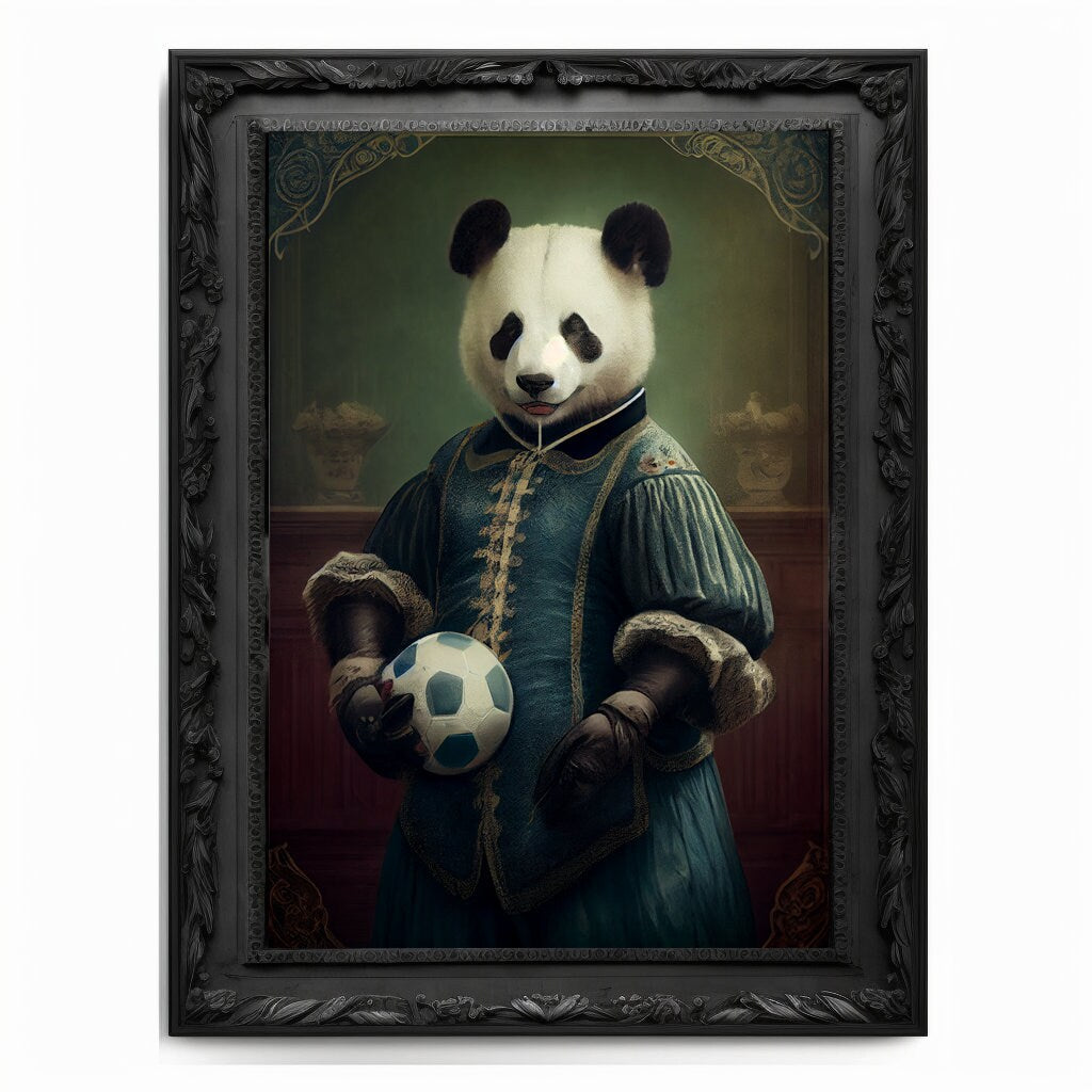 Soccer Panda Wall Art Print, Football Lover Vintage Regal Art Poster Renaissance. Victorian Football Panda Portrait, Royal Painting Pet Gift