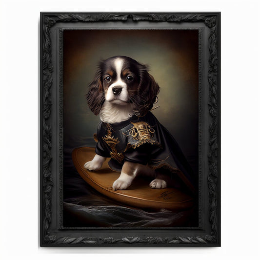 Surfing Puppy Wall Art Print, Animal Lover Vintage Regal Dog Print Poster Renaissance Victorian Surfing Dog Portrait Royal Painting Pet Gift