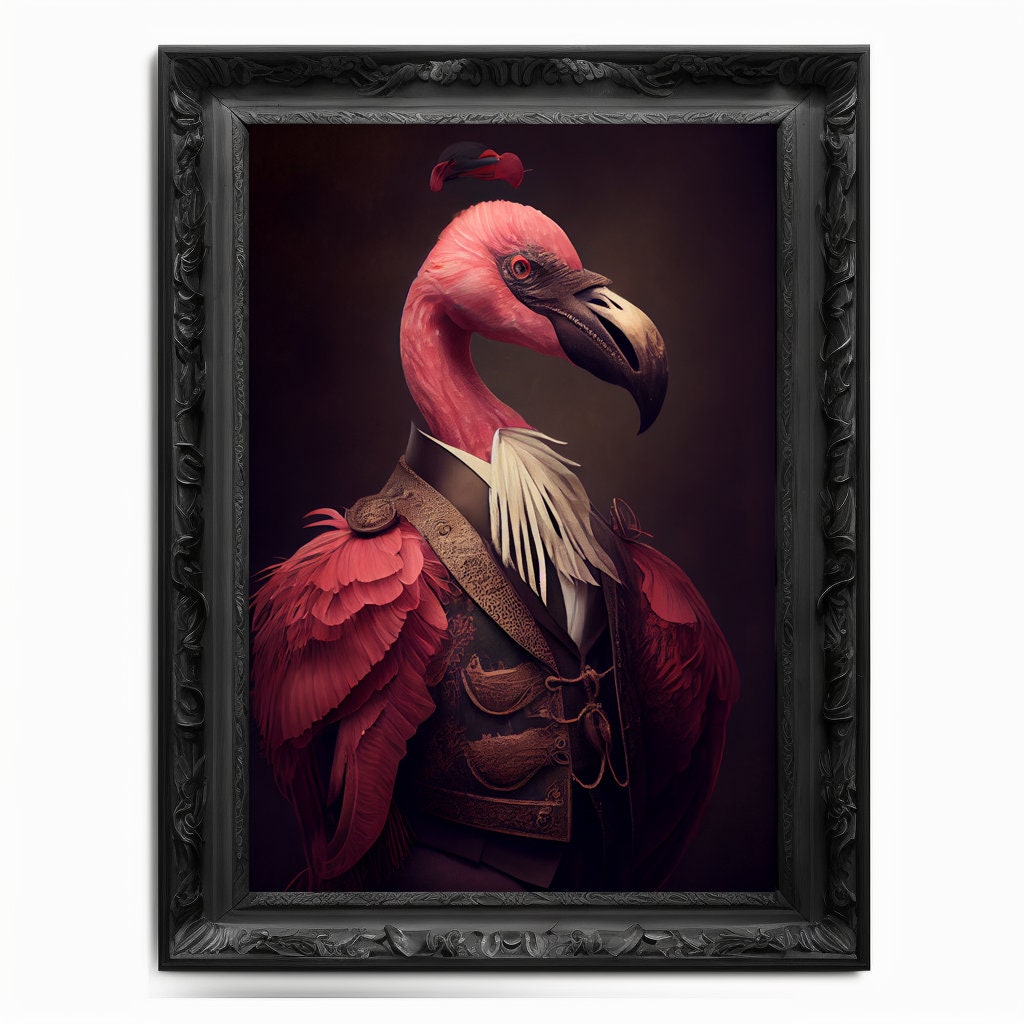 Flamingo Wall Art Print, Animal Lover, Vintage Regal Flamingo Art Poster Renaissance, Victorian Flamingo Portrait, Royal Painting Home Gift