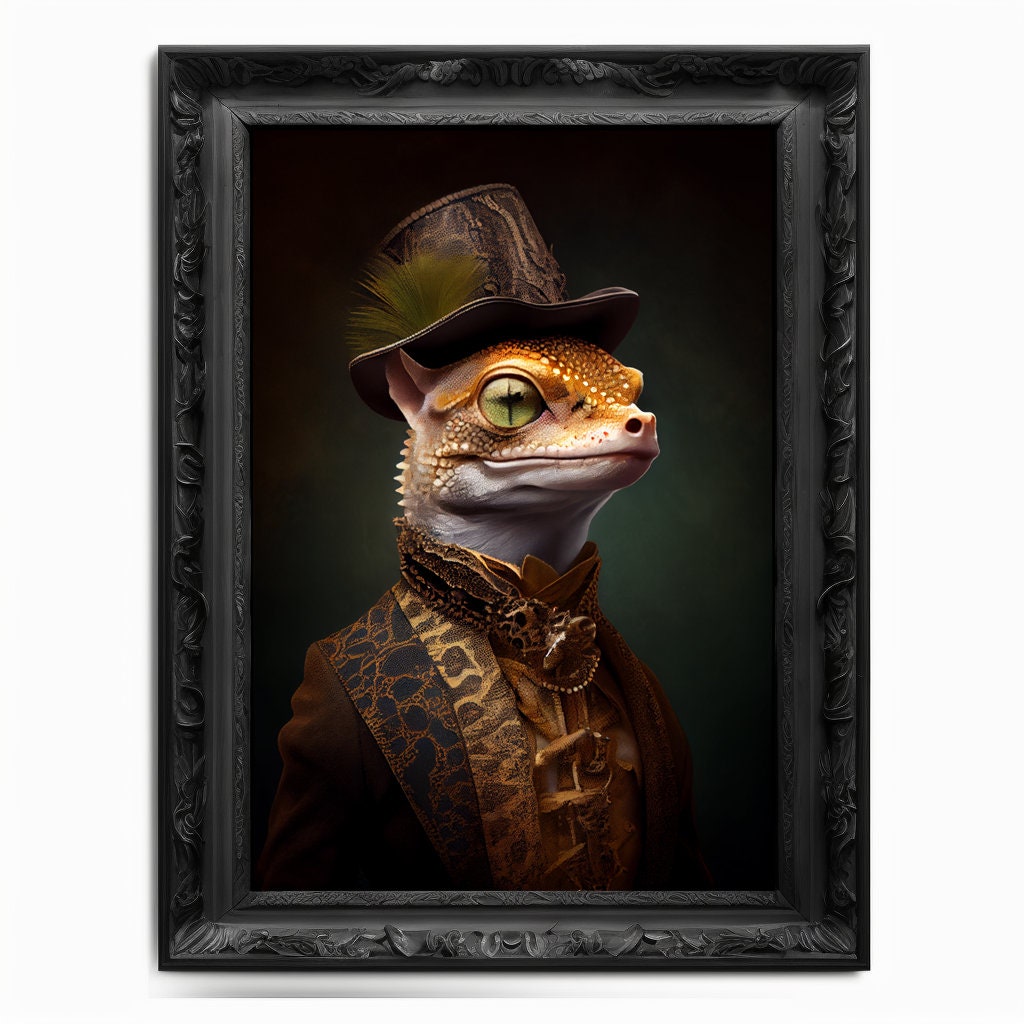 Gecko Wall Art Print,  Animal Lover Vintage Regal Gecko Art Print Poster Renaissance. Victorian Gecko Portrait, Royal Painting Home Pet Gift - Wall Art Poster Print