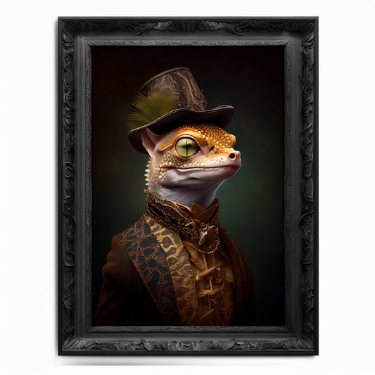 Gecko Wall Art Print,  Animal Lover Vintage Regal Gecko Art Print Poster Renaissance. Victorian Gecko Portrait, Royal Painting Home Pet Gift - Wall Art Poster Print