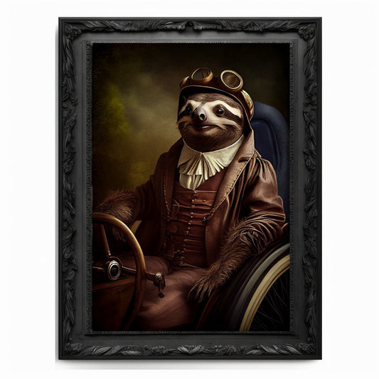 Race Car Sloth Art Print, Motor Sports Animal Vintage Regal Art Poster Renaissance. Victorian Sloth Portrait Royal Painting Racing Pet Gift.