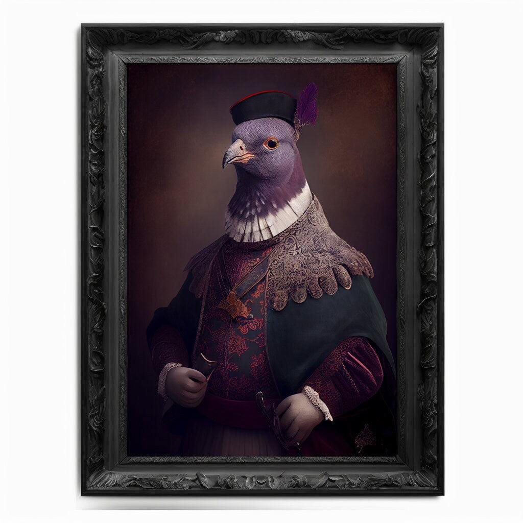 Pidgeon Wall Art Print, Animal Lover Vintage Regal Pidgeon Art Poster Renaissance. Victorian Pidgeon Portrait, Royal Painting Home Pet Gift - Wall Art Poster Print