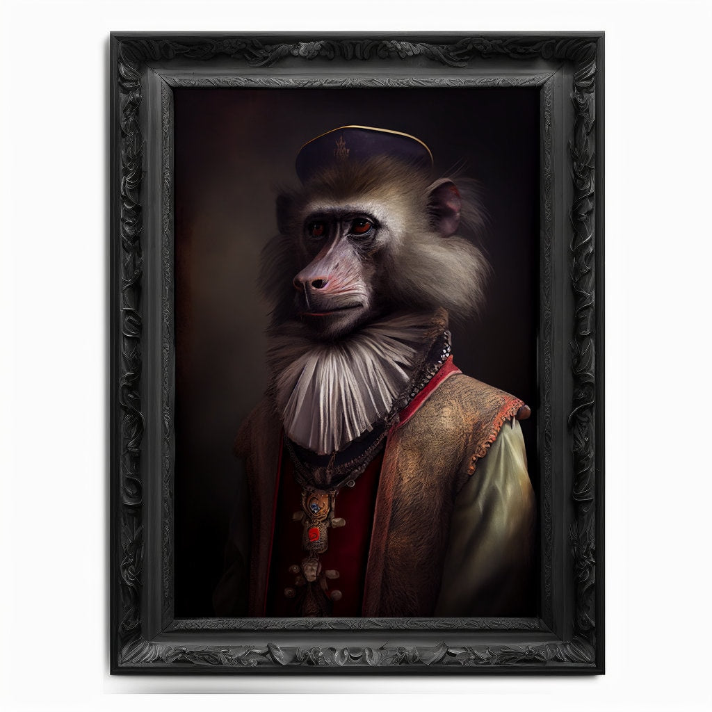 Baboon Wall Art Print Monkey Animal Lover Vintage Regal Poster Renaissance Victorian Baboon Portrait Royal Painting Ape Primate Monkey Gift - Wall Art Poster Print