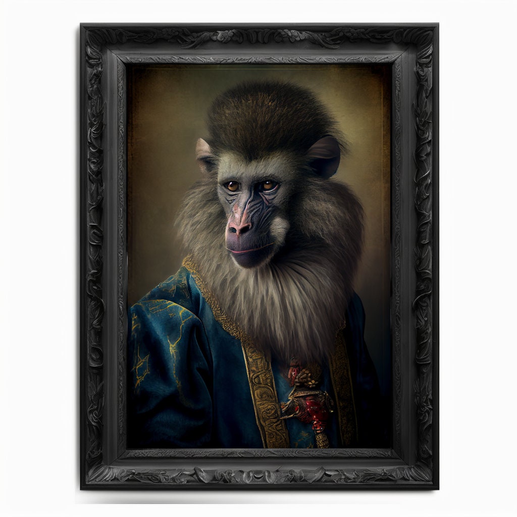 Baboon Wall Art Print Monkey Animal Lover Vintage Regal Poster Renaissance Victorian Baboon Portrait Royal Painting Ape Primate Monkey Gift - Wall Art Poster Print