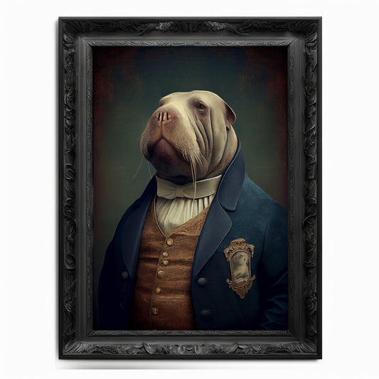 Walrus Wall Art Print, Walrus Animal Lover Vintage Regal Art Poster Renaissance. Victorian Walrus Portrait, Royal Painting Seahorse Pet Gift - Wall Art Poster Print