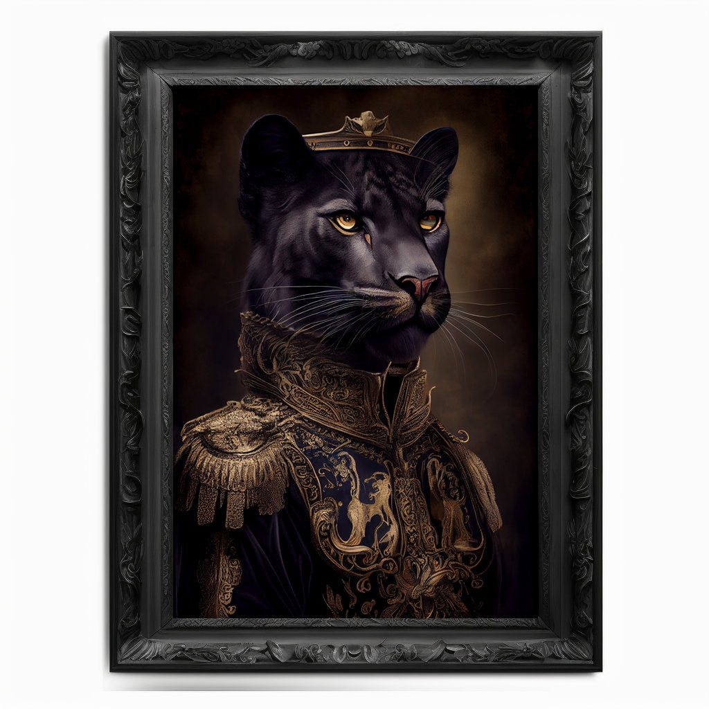 Panther Wall Art Print, Black Cat Animal Lover Vintage Regal Art Poster Renaissance. Victorian Panther Portrait Royal Painting Puma Pet Gift - Wall Art Poster Print