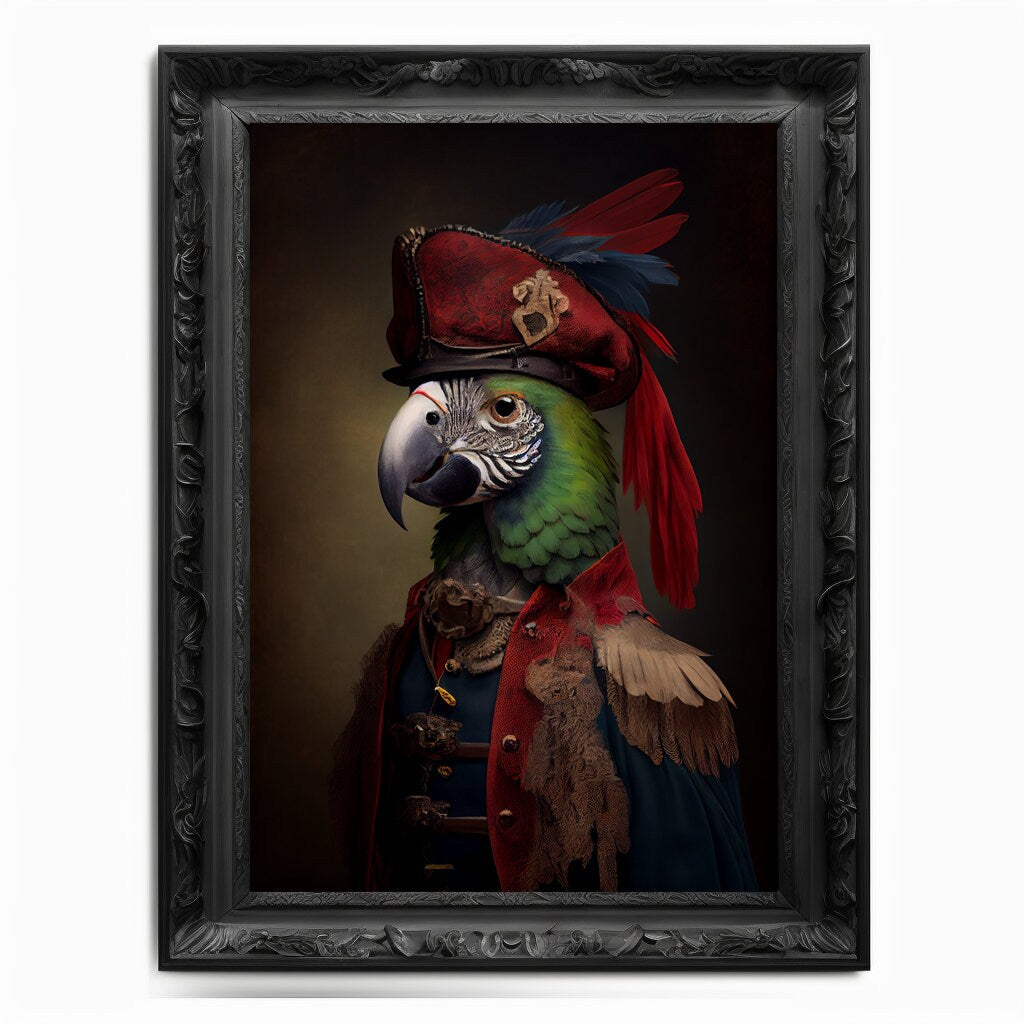 Parrot Wall Art Print, Bird Animal Lover Vintage Regal Art Poster Renaissance. Victorian Black Parrot Portrait Royal Painting Macaw Pet Gift - Wall Art Poster Print