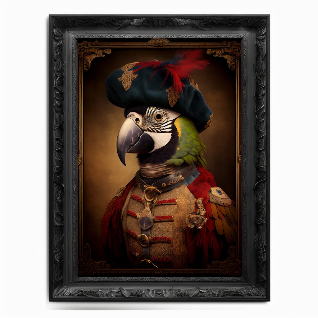 Parrot Wall Art Print, Bird Animal Lover Vintage Regal Art Poster Renaissance. Victorian Black Parrot Portrait Royal Painting Macaw Pet Gift - Wall Art Poster Print
