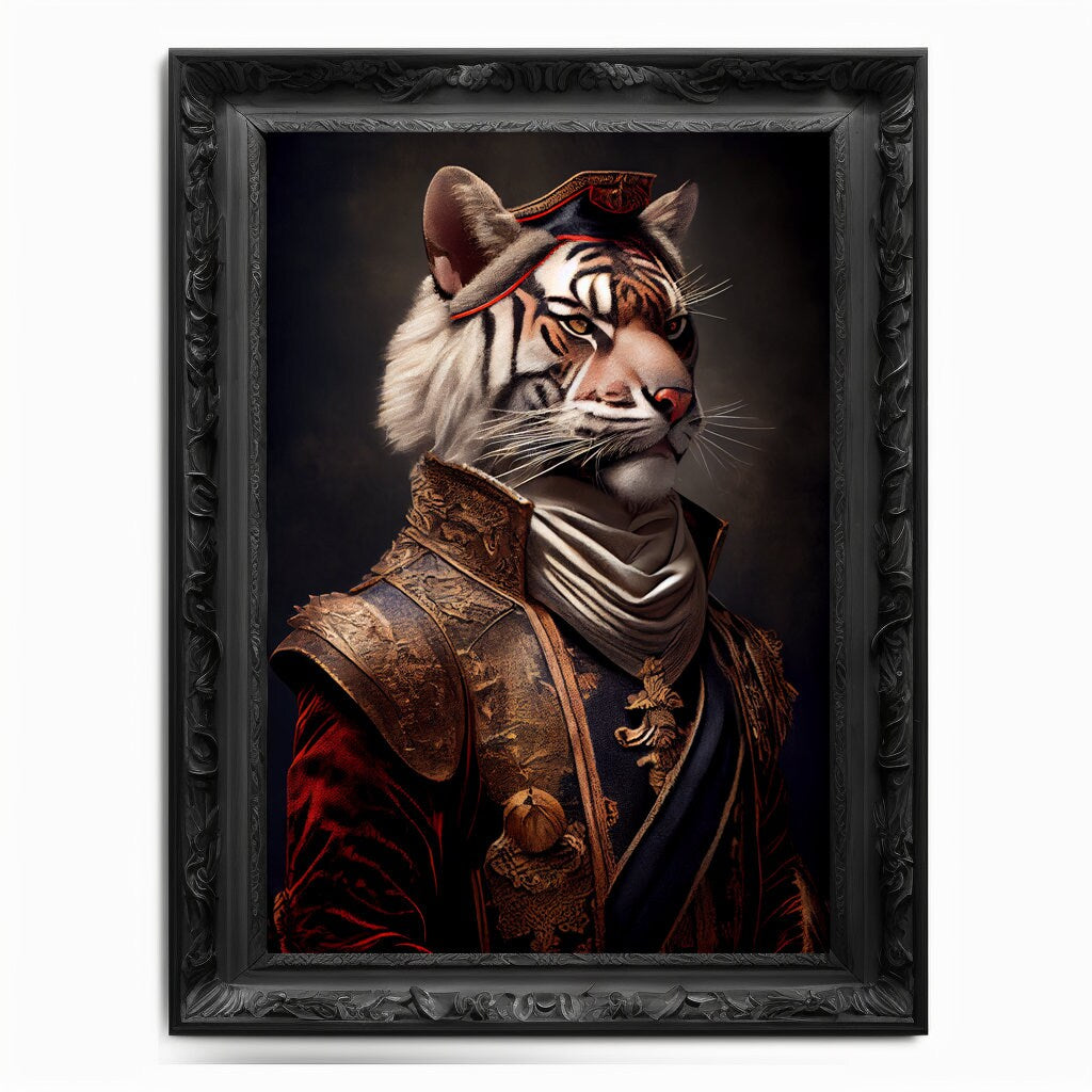 Tiger Wall Art Print, Cat Animal Lover Vintage Regal Art Poster Renaissance. Victorian Tiger Portrait Royal Painting Tigress Feline Pet Gift - Wall Art Poster Print