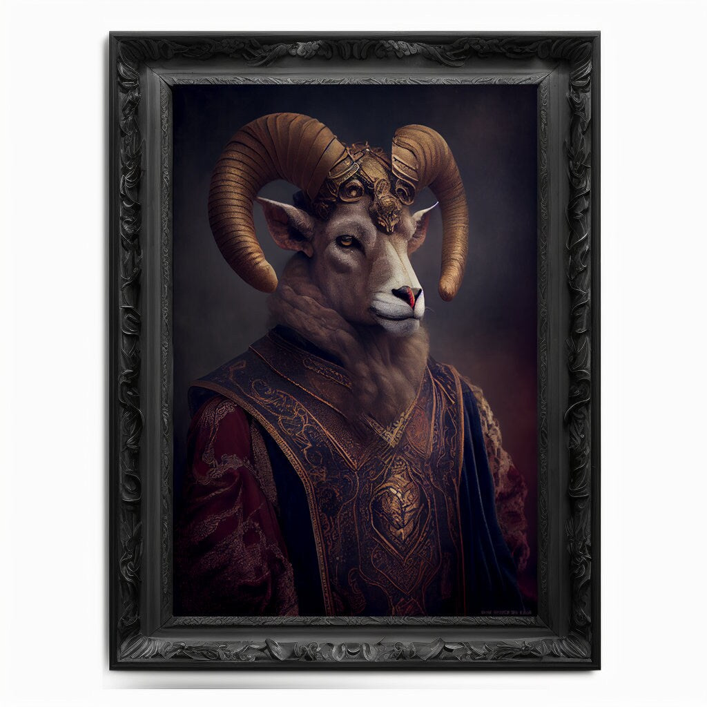 Ram Wall Art Print, Animal Lover Aries Vintage Regal Art Poster Renaissance. Victorian Sheep Ram Portrait Royal Buck Pet Lamb Painting Gift - Wall Art Poster Print