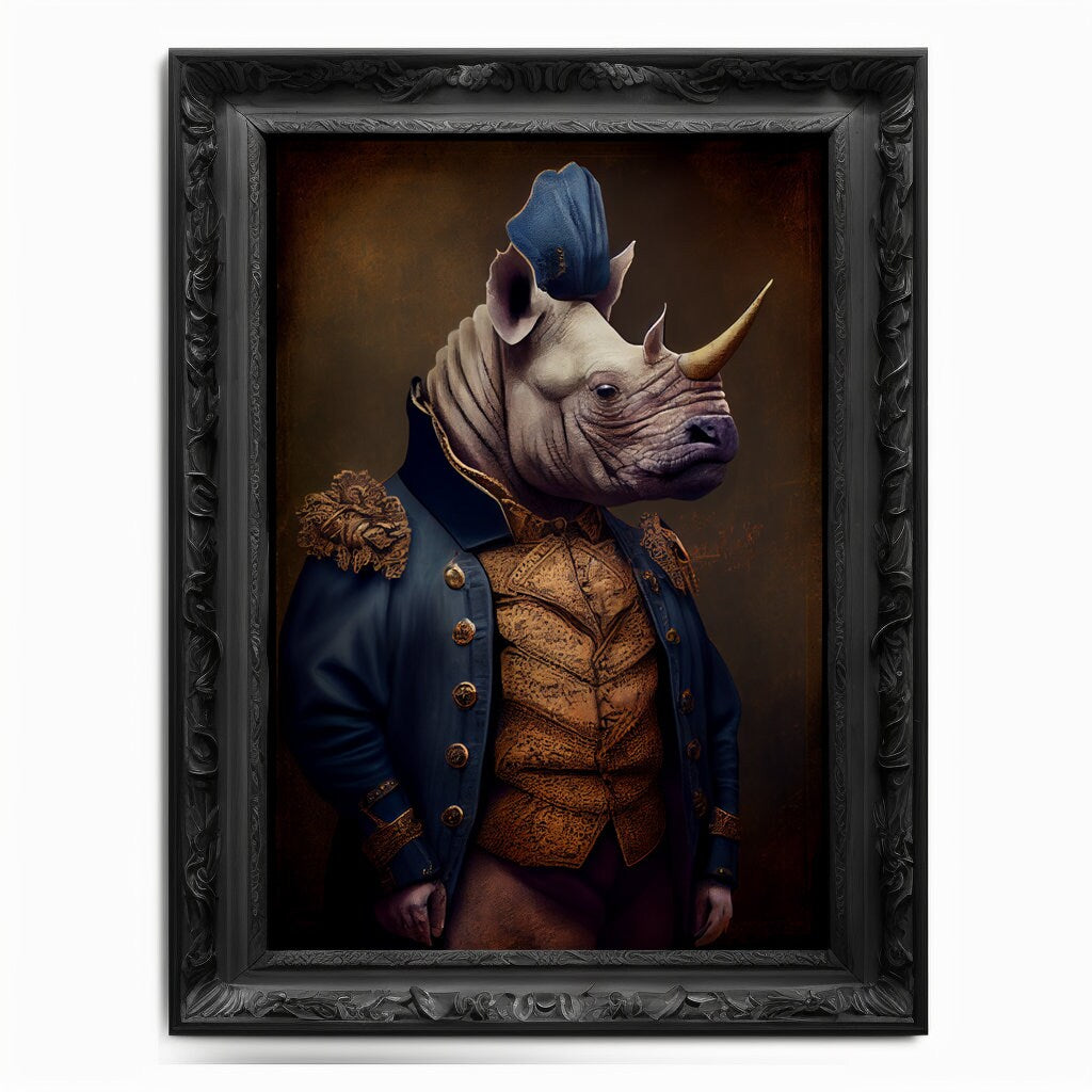 Rhino Wall Art Print, Rhinoceros Animal Lover Vintage Regal Art Poster Renaissance. Victorian Rhino Portrait Royal Painting Rhino Pet Gift - Wall Art Poster Print