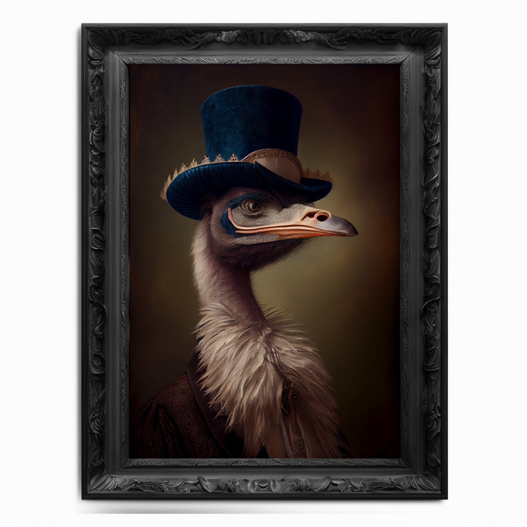Ostrich Wall Art Print Bird Animal Lover, Vintage Regal Art Poster, Renaissance Victorian Common Ostrich Portrait, Royal Painting Pet Gift - Wall Art Poster Print