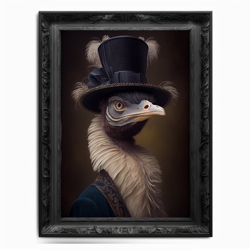 Ostrich Wall Art Print Bird Animal Lover, Vintage Regal Art Poster, Renaissance Victorian Common Ostrich Portrait, Royal Painting Pet Gift - Wall Art Poster Print