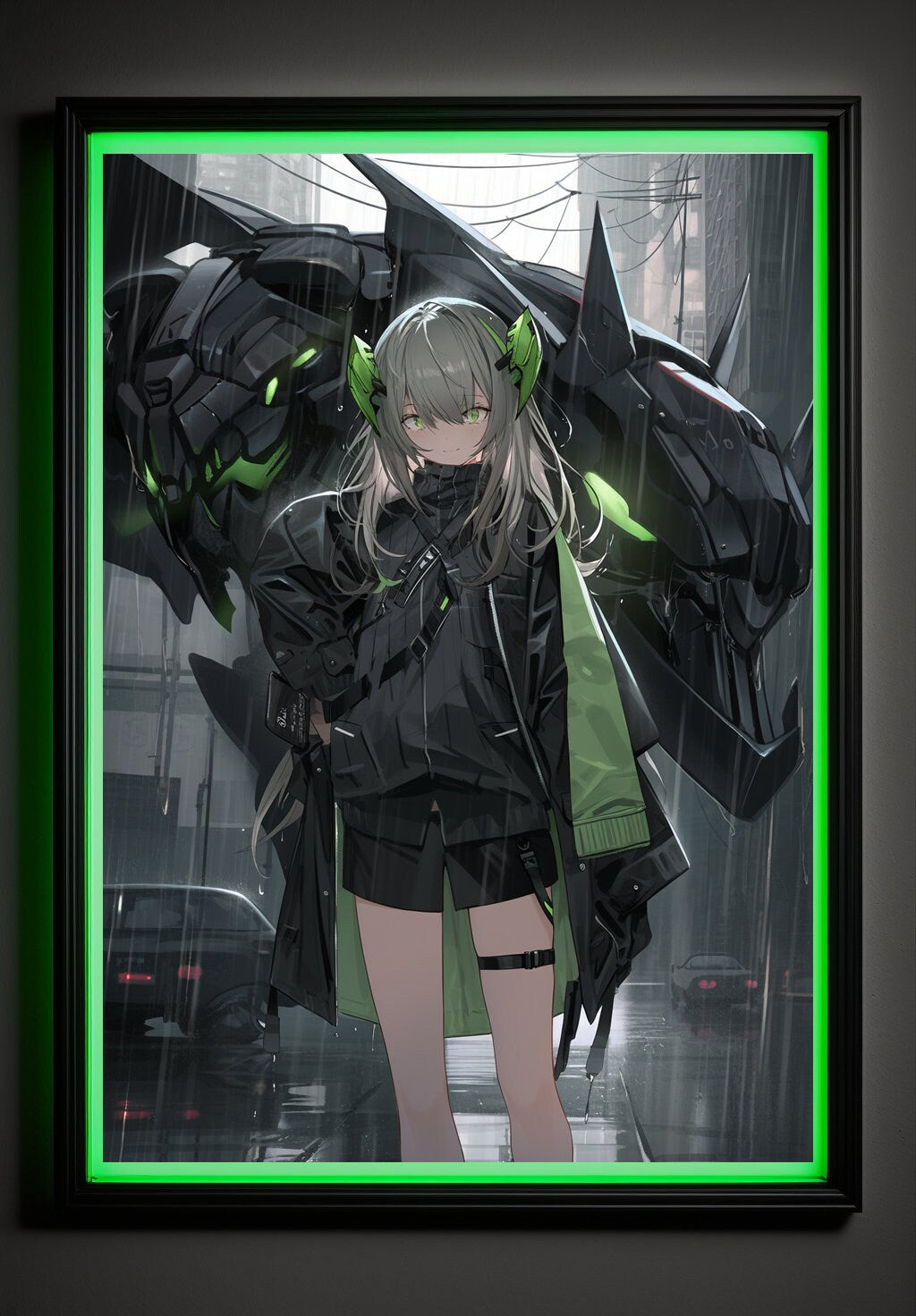 Green Cyberpunk Anime Art Print Poster Robot Guardian In Rain Manga Japanese Movie Poster Wall Art Home Decor Animation Science Fiction Film