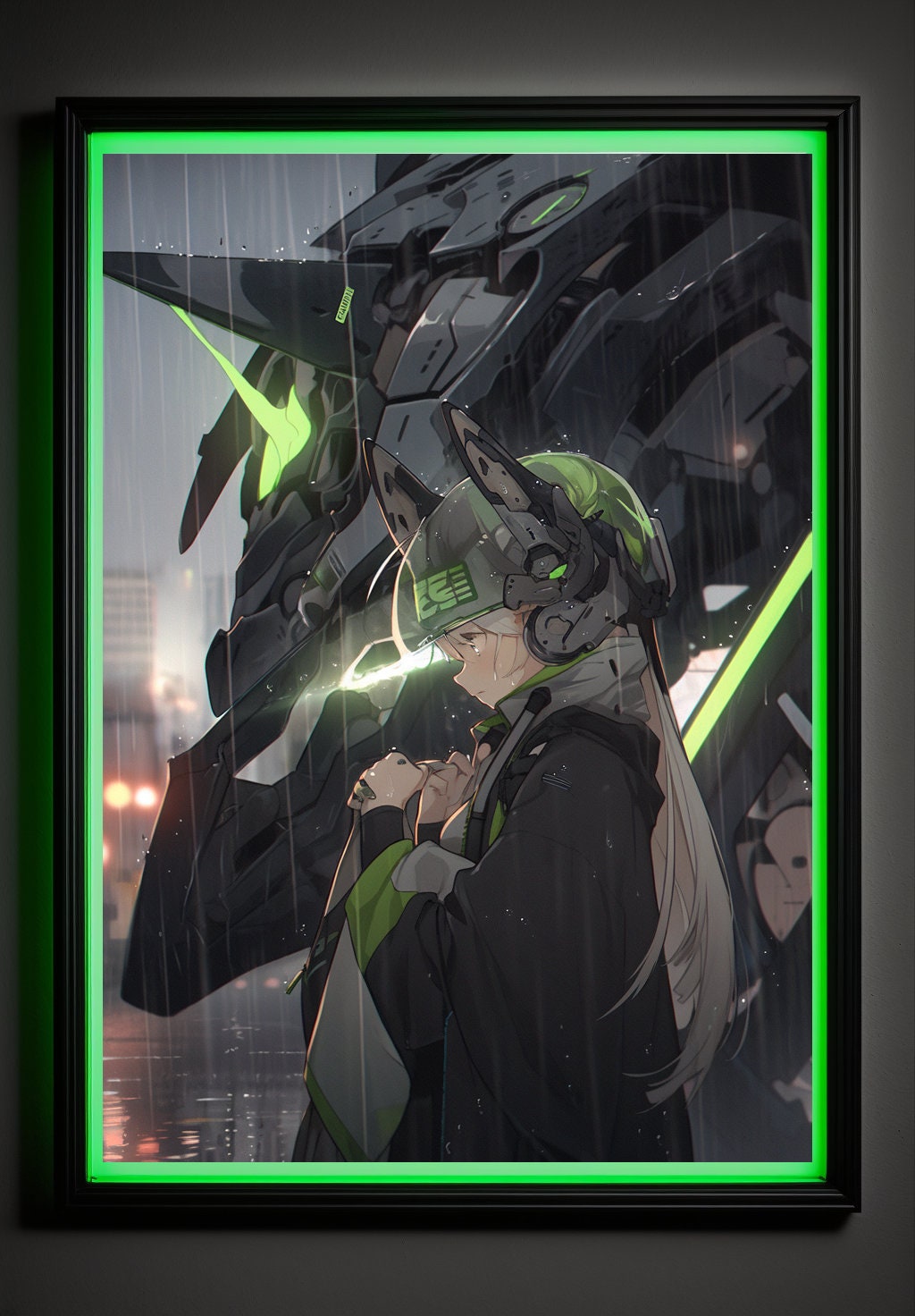 Green Cyberpunk Anime Art Print Poster Robot Guardian In Rain Manga Japanese Movie Poster Wall Art Home Decor Animation Science Fiction Film