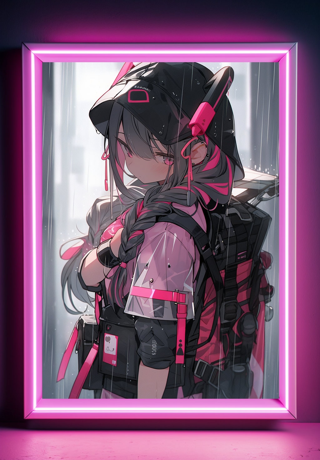 Pink Cyberpunk In Rain Anime Art Print Poster Manga Art Japanese Movie Poster Gamer Art Wall Game Room Animation Science Fiction Film Poster