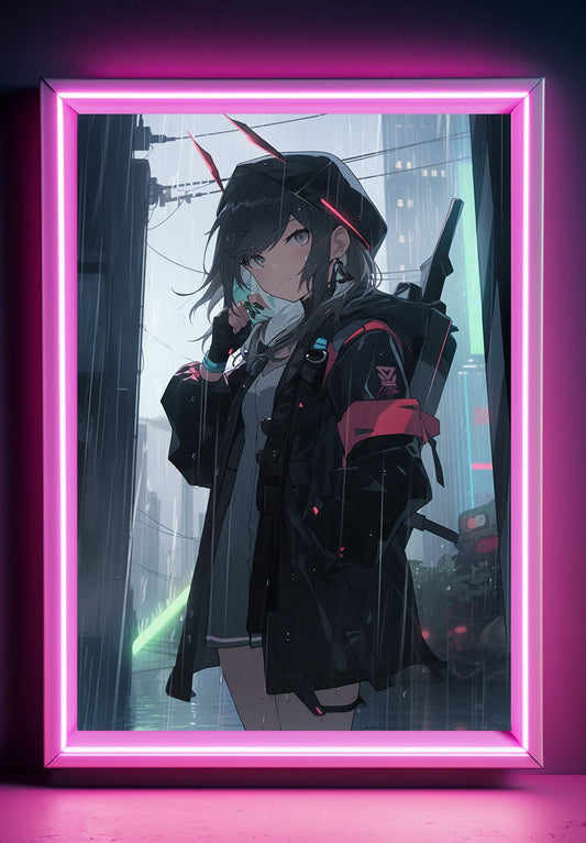 Pink Cyberpunk In Rain Anime Art Print Poster Manga Art Japanese Movie Poster Gamer Art Wall Game Room Animation Science Fiction Film Poster