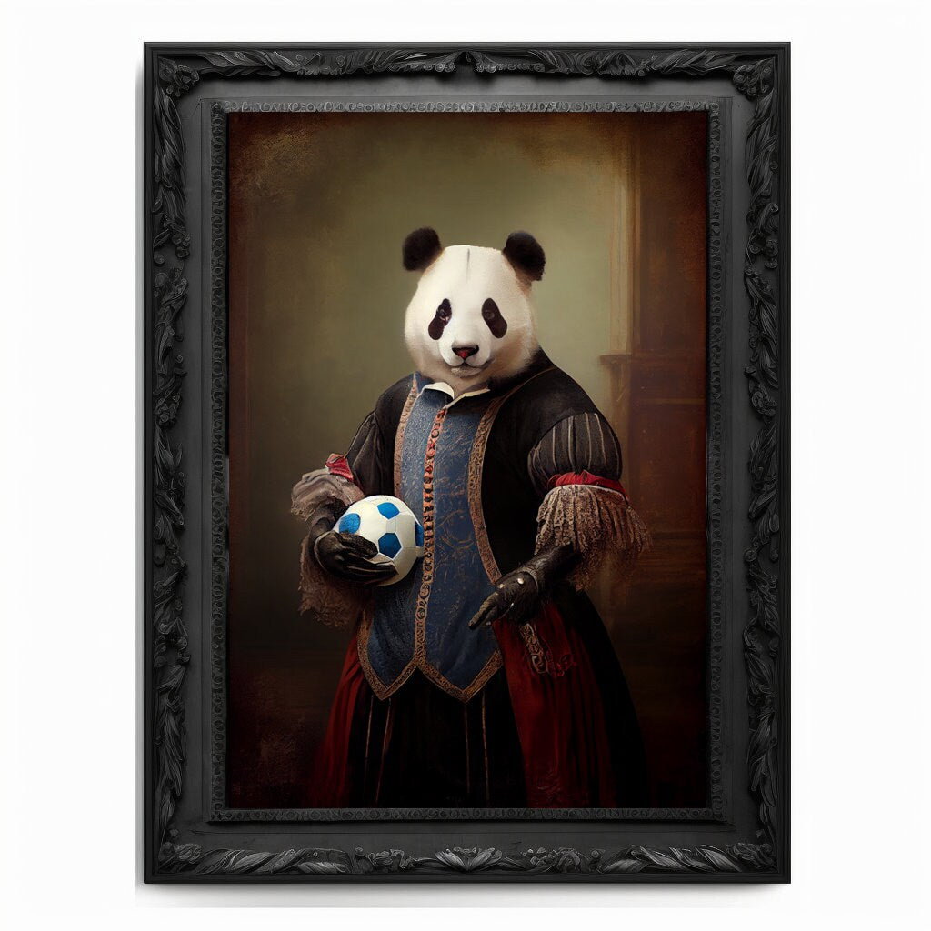 Soccer Panda Wall Art Print, Football Lover Vintage Regal Art Poster Renaissance. Victorian Football Panda Portrait, Royal Painting Pet Gift