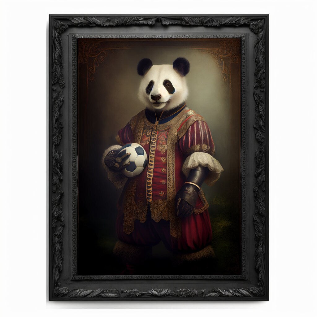 Soccer Panda Wall Art Print, Football Lover Vintage Regal Art Poster Renaissance. Victorian Football Panda Portrait, Royal Painting Pet Gift
