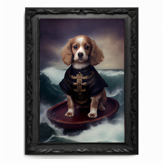 Surfing Puppy Wall Art Print, Animal Lover Vintage Regal Dog Print Poster Renaissance Victorian Surfing Dog Portrait Royal Painting Pet Gift