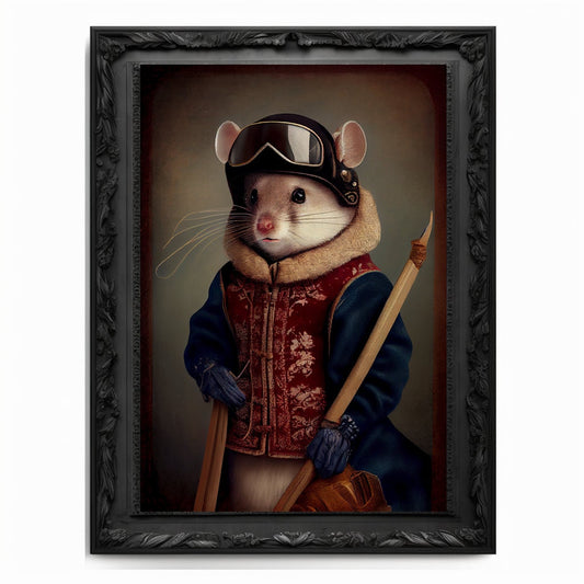 Skiing Mouse Wall Art Print Mouse Animal Lover Vintage Regal Art Poster Renaissance. Victorian Mouse Portrait Royal Painting Skiing Pet Gift