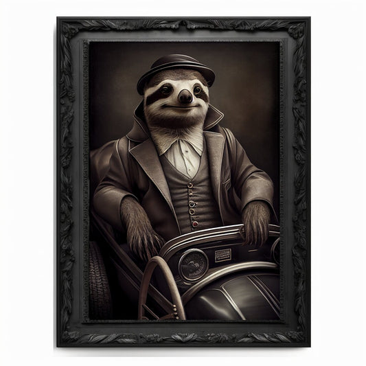 Race Car Sloth Art Print, Motor Sports Animal Vintage Regal Art Poster Renaissance. Victorian Sloth Portrait Royal Painting Racing Pet Gift.