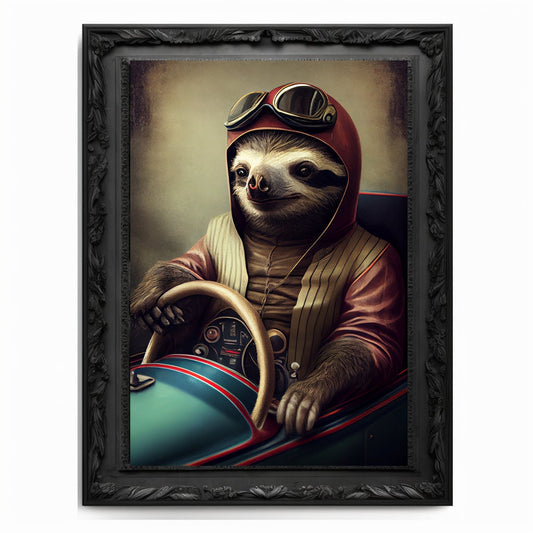 Race Car Sloth Art Print, Motor Sports Animal Vintage Regal Art Poster Renaissance. Victorian Sloth Portrait Royal Painting Racing Pet Gift.