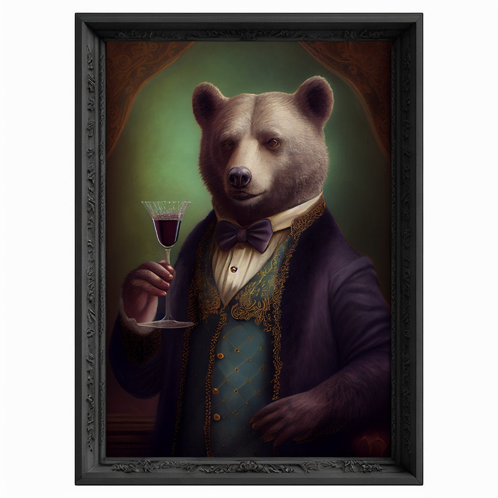Bar Room Bear Wall Art Print, Animal Lover Vintage Regal Bear Drinking Wine Poster Victorian Drinking Bear Portrait Royal Painting Bear Gift