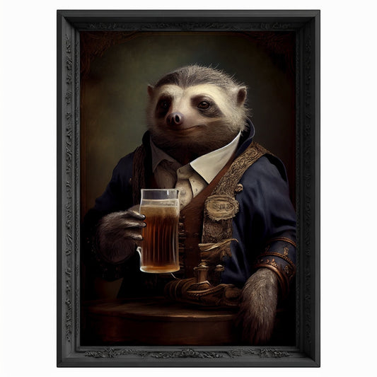 Bar Room Sloth Wall Art Print, Animal Lover Vintage Regal Sloth Drinking Beer, Sloth Poster Drinking Sloth Portrait Royal Painting Sloth Art
