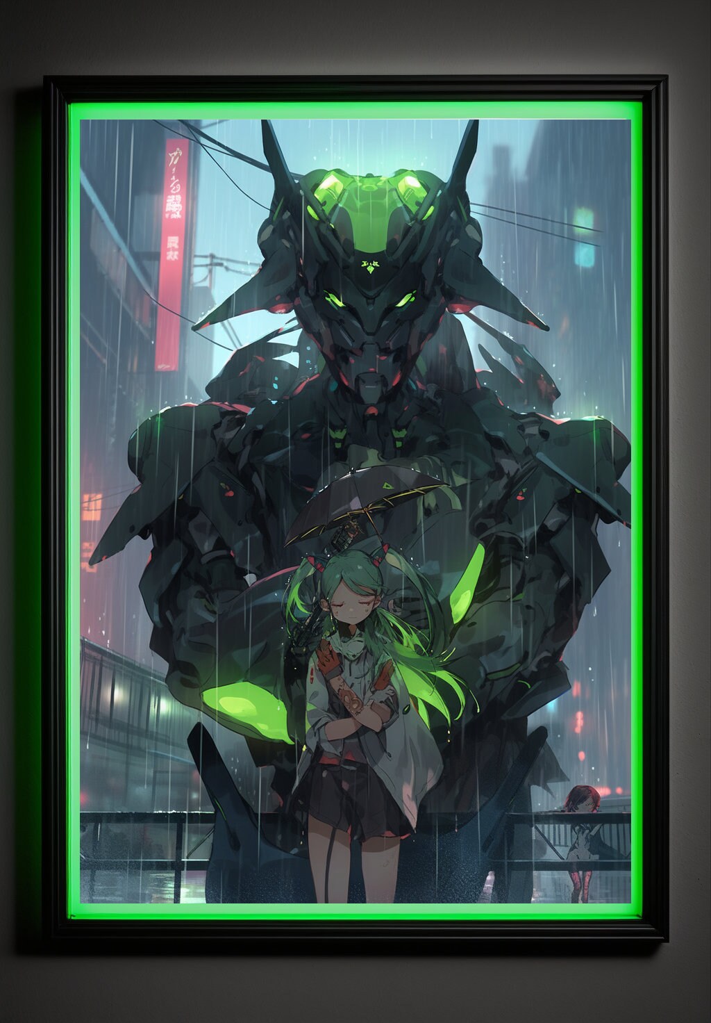 Green Cyberpunk Anime Art Print Poster Robot Guardian In Rain Manga Japanese Movie Poster Wall Art Home Decor Animation Science Fiction Film