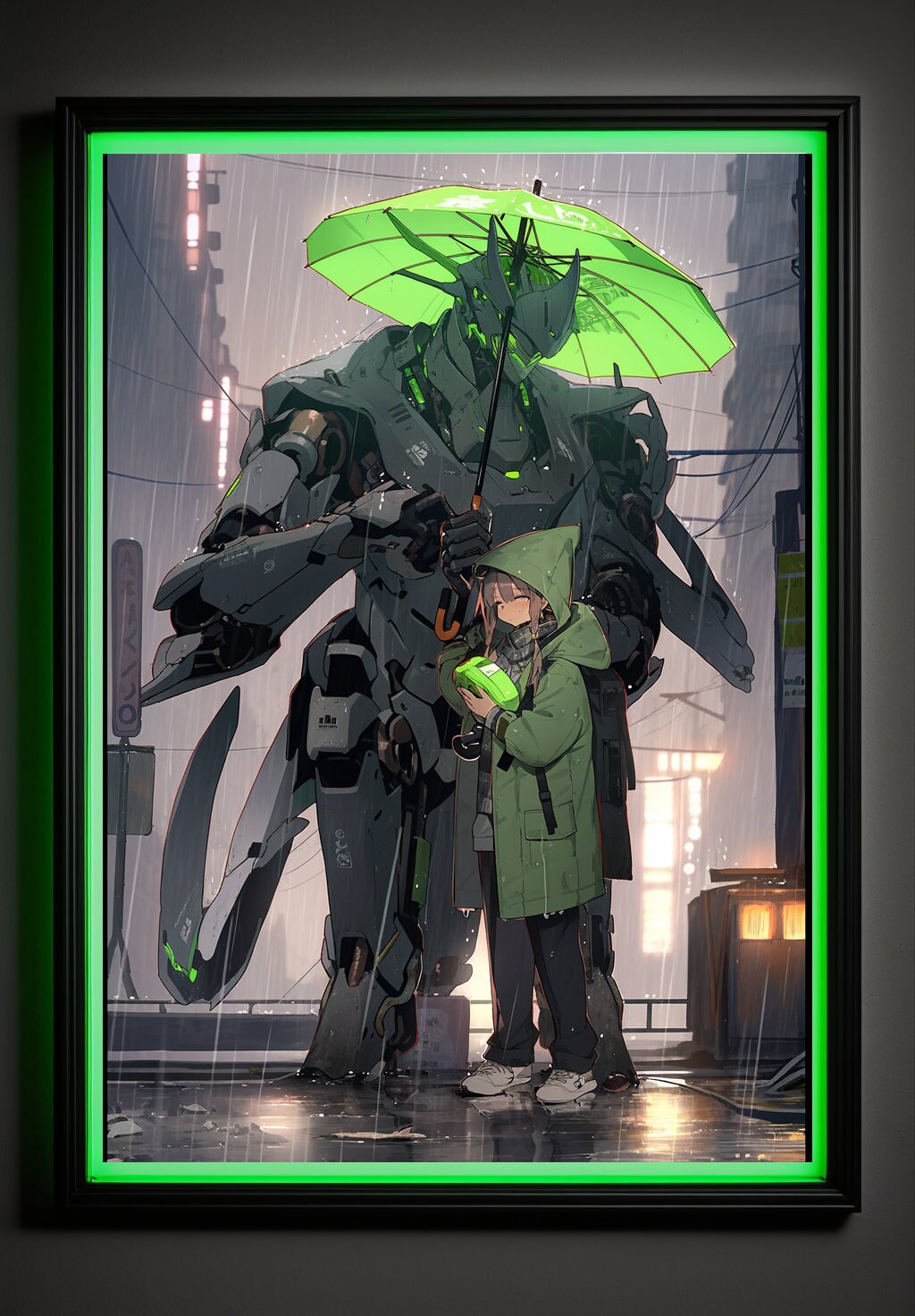 Green Cyberpunk Anime Art Print Poster Robot Guardian In Rain Manga Japanese Movie Poster Wall Art Home Decor Animation Science Fiction Film