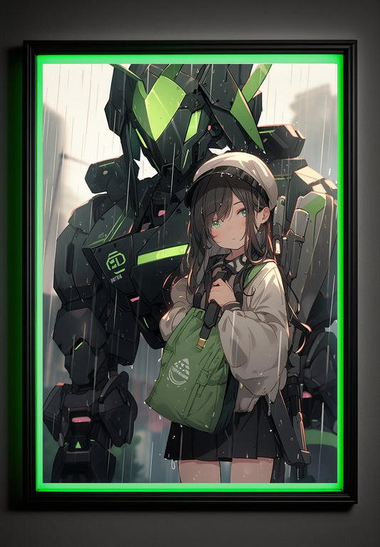 Green Cyberpunk Anime Art Print Poster Robot Guardian In Rain Manga Japanese Movie Poster Wall Art Home Decor Animation Science Fiction Film
