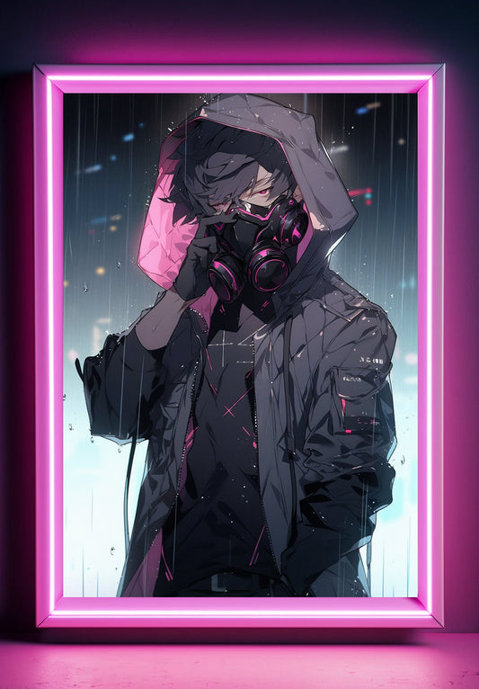 Pink Cyberpunk In Rain Anime Art Print Poster Manga Art Japanese Movie Poster Gamer Art Wall Game Room Animation Science Fiction Film Poster
