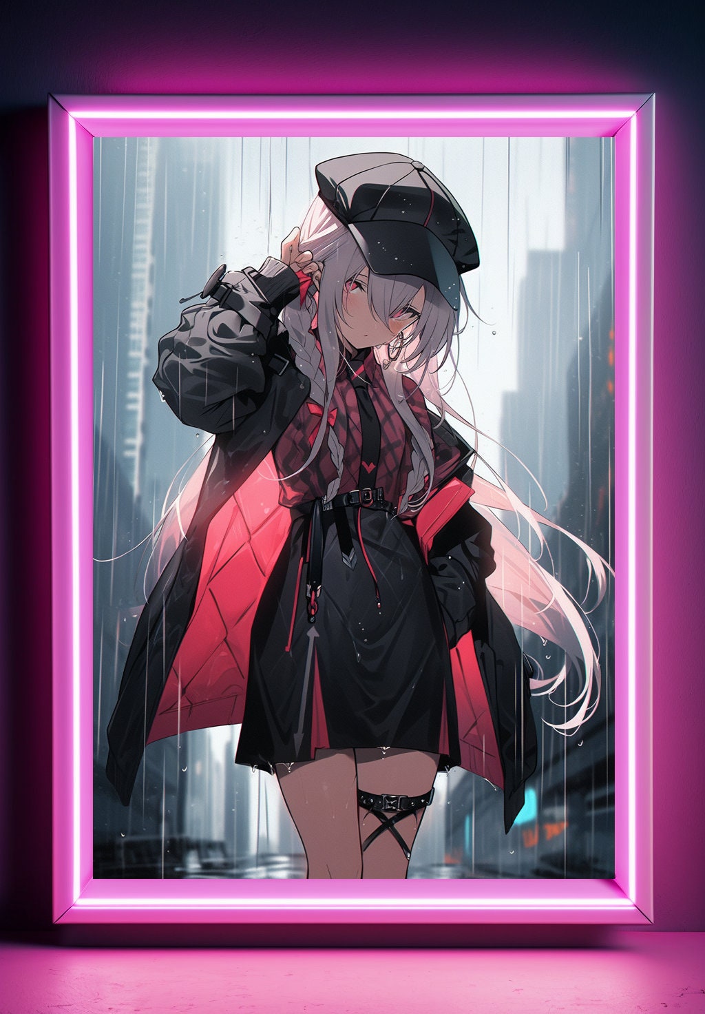 Pink Cyberpunk In Rain Anime Art Print Poster Manga Art Japanese Movie Poster Gamer Art Wall Game Room Animation Science Fiction Film Poster