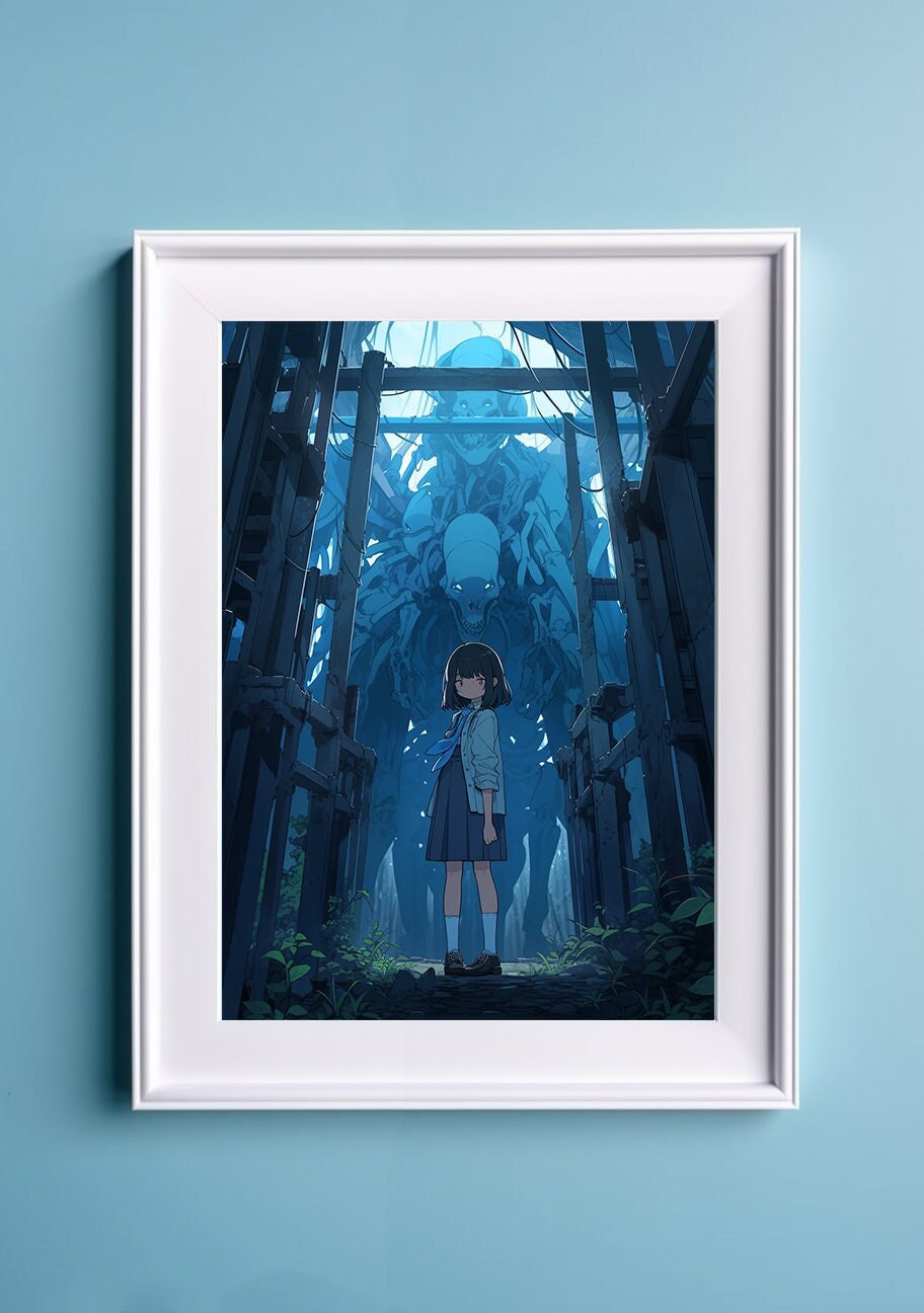 Blue Aesthetic Terror Horror Anime Art Print, Monster Art Manga Japanese Movie Poster, Ghibli Art Inspired Gamer Art Wall Art, Animation Art
