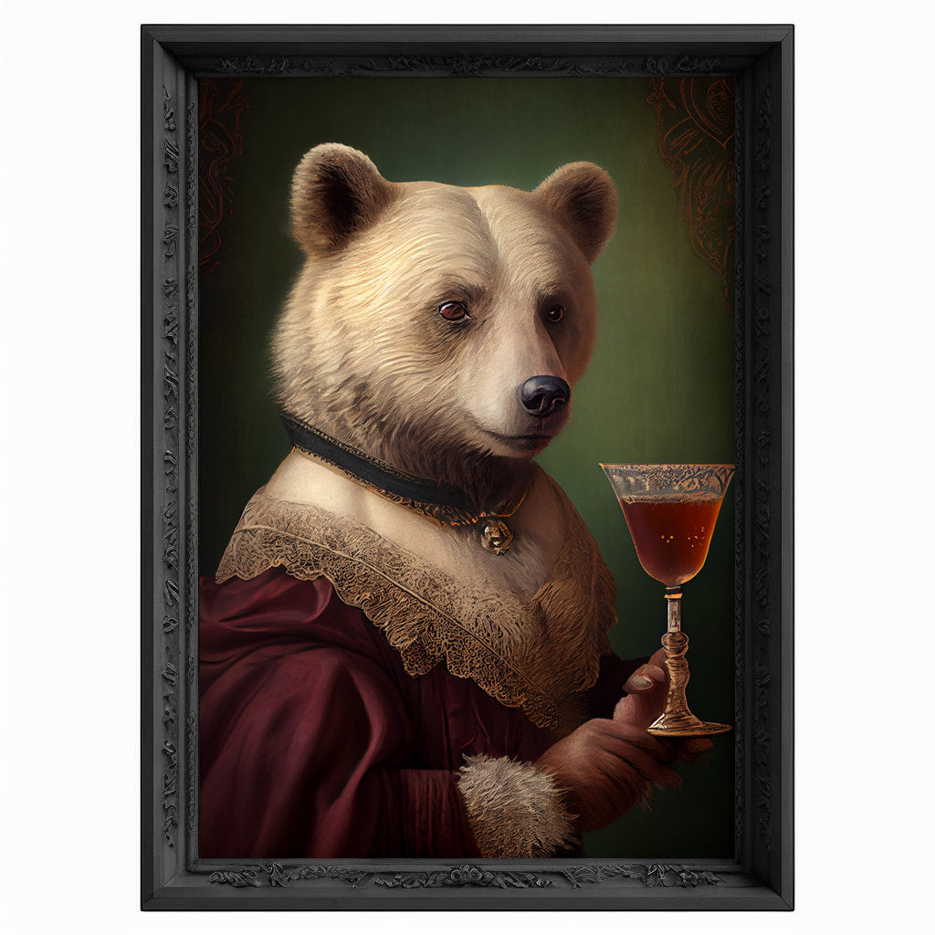 Bar Room Bear Wall Art Print, Animal Lover Vintage Regal Bear Drinking Wine Poster Victorian Drinking Bear Portrait Royal Painting Bear Gift