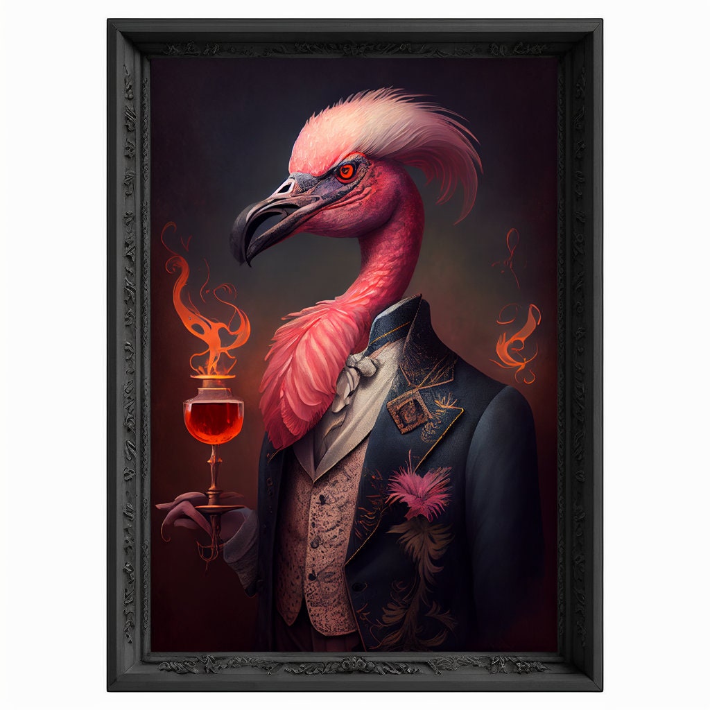 Flaming Cocktail Flamingo, Bar Room Flamingo Wall Art Print, Animal Lover, Flamingo Poster, Drinking Flamingo Portrait Painting Flamingo Art