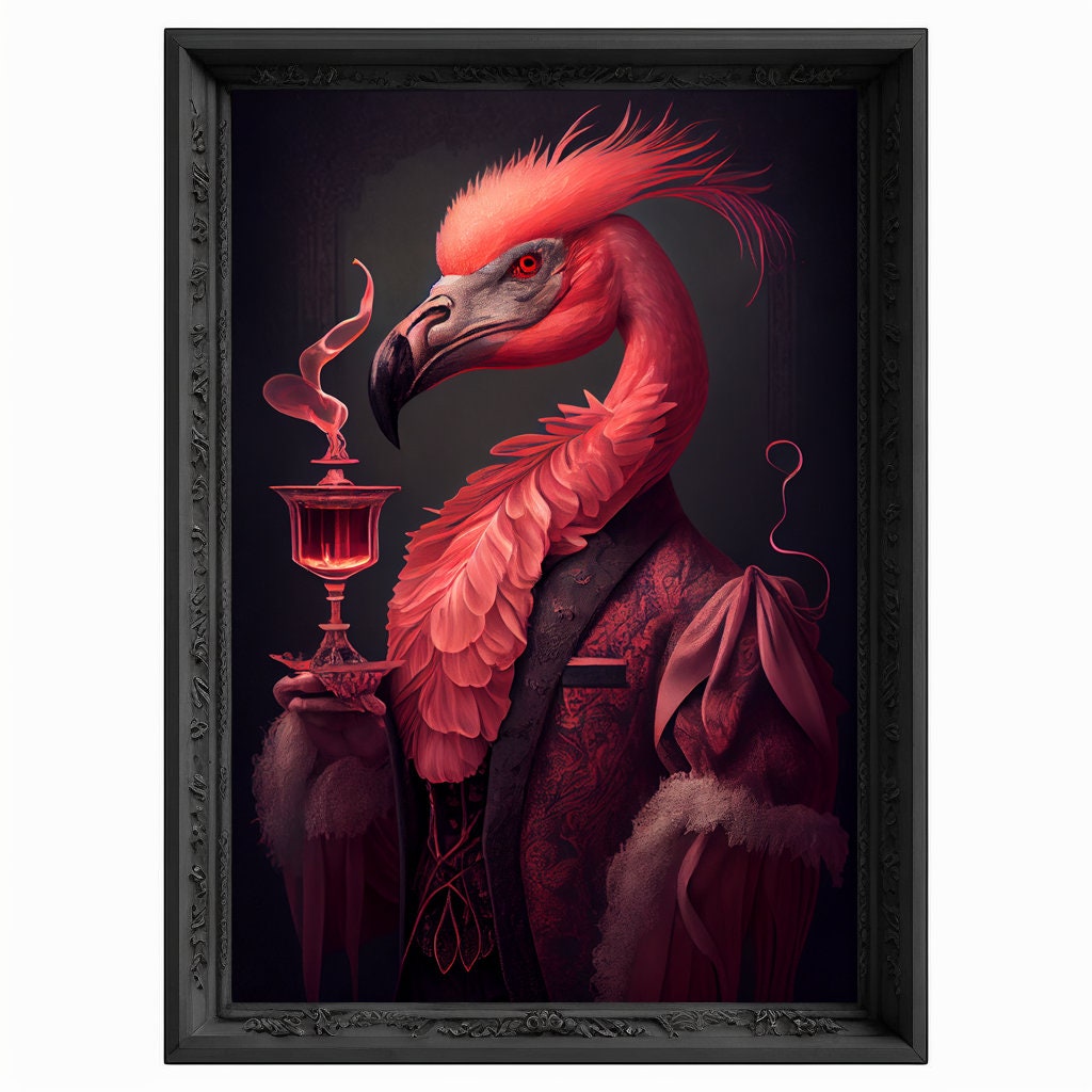 Flaming Cocktail Flamingo, Bar Room Flamingo Wall Art Print, Animal Lover, Flamingo Poster, Drinking Flamingo Portrait Painting Flamingo Art
