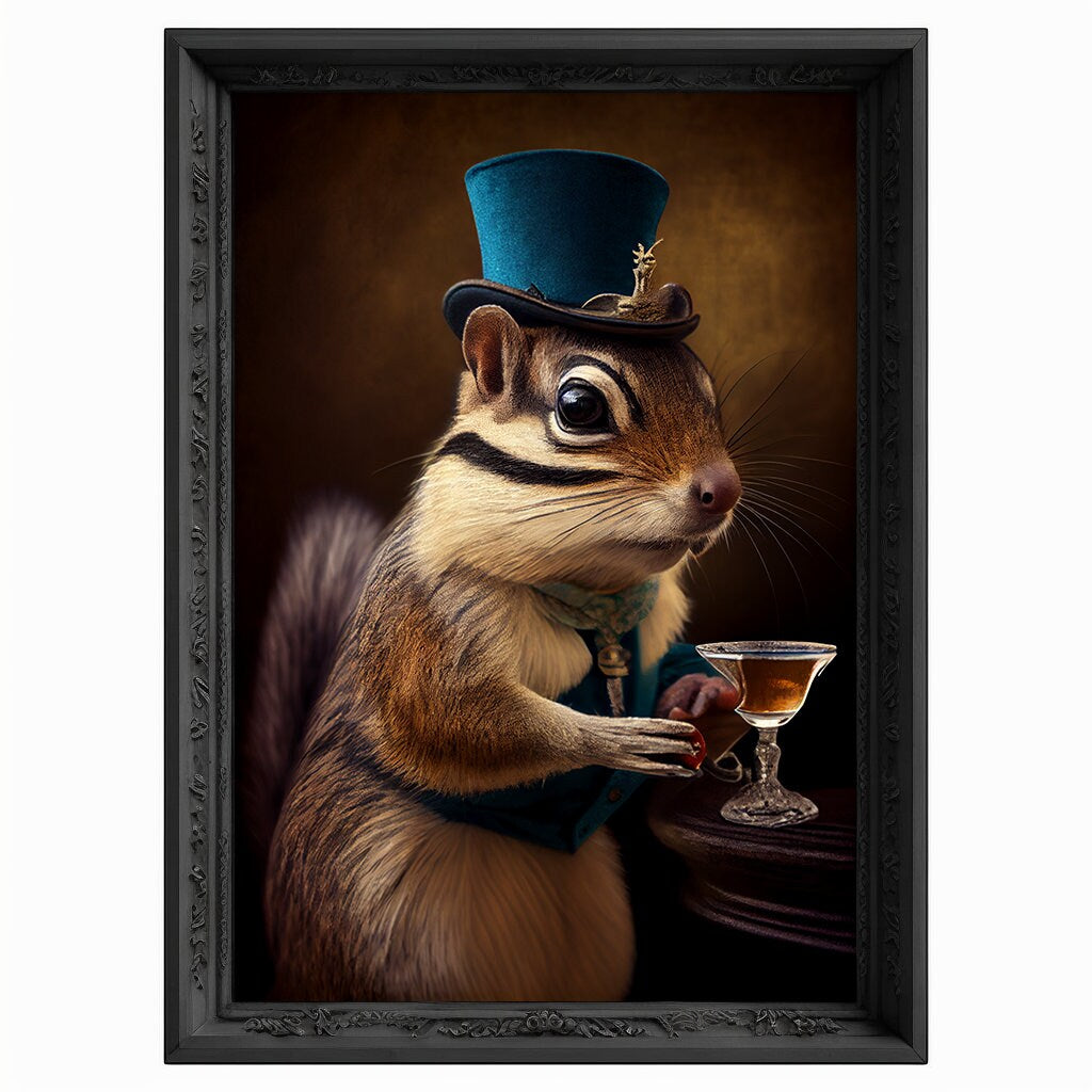 Champagne Chipmunk Portrait, Animal Head Painting, Altered Art, Bar Room Poster, Regal Vintage Artwork, Unique Art Prints, Funny Gift